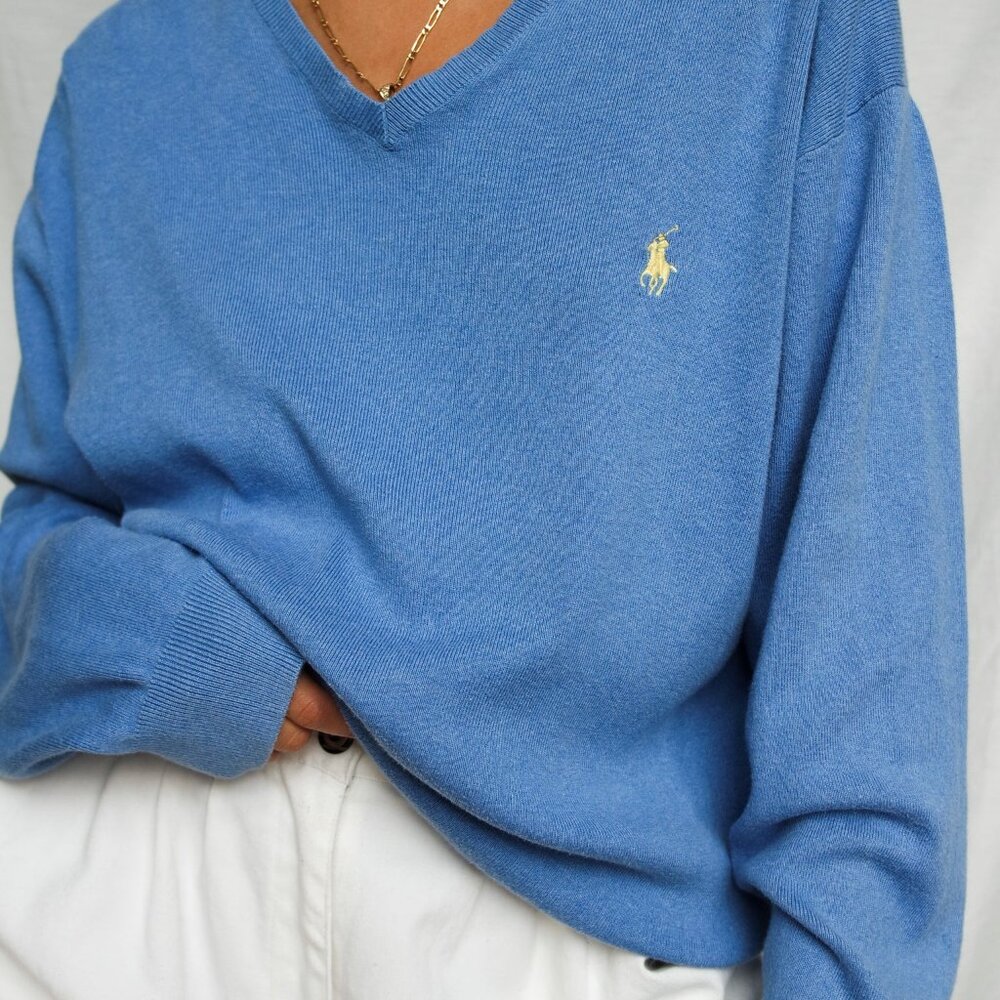 Polo Ralph Lauren Pima Cotton V-Neck Sweater Men's Size L Blue Yellow Pony - Picture 8 of 8